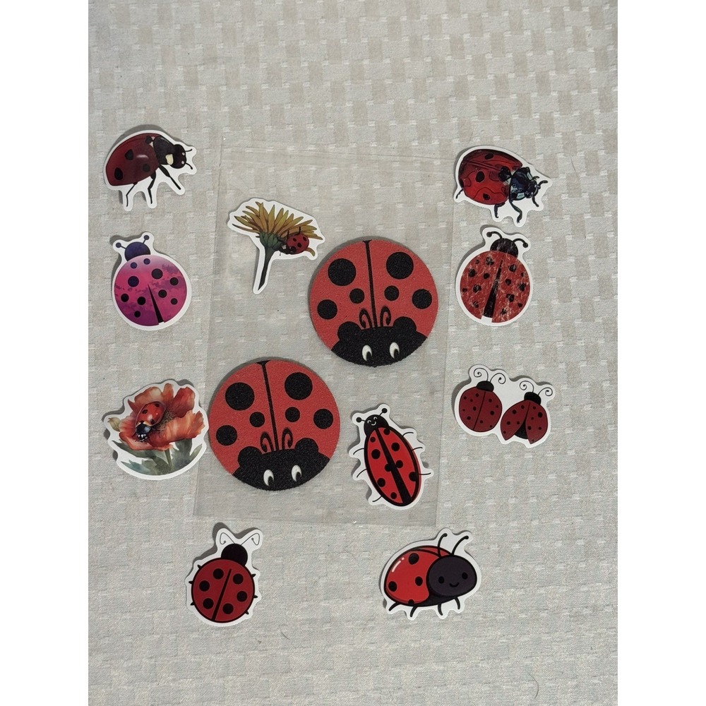 Set of 2 Ladybug Neoprene Fabric Round Car Coasters For Cup Holder & 10 Stickers